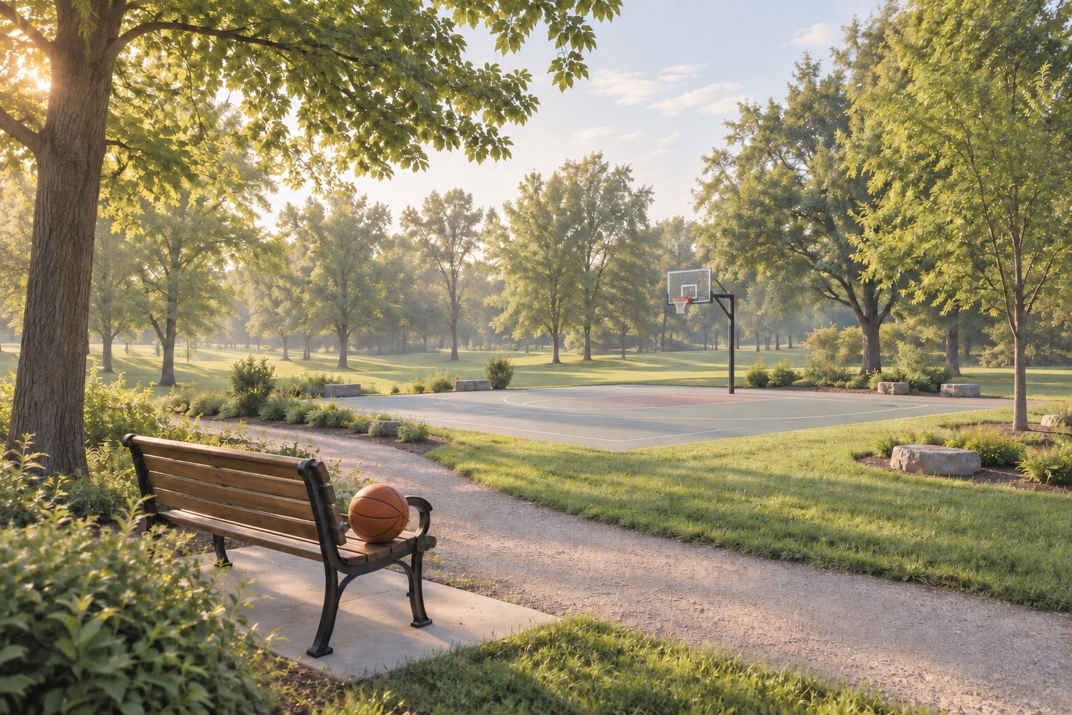 An orange basketball rests on a wooden bench beside a court surrounded by green trees in evening sunlight